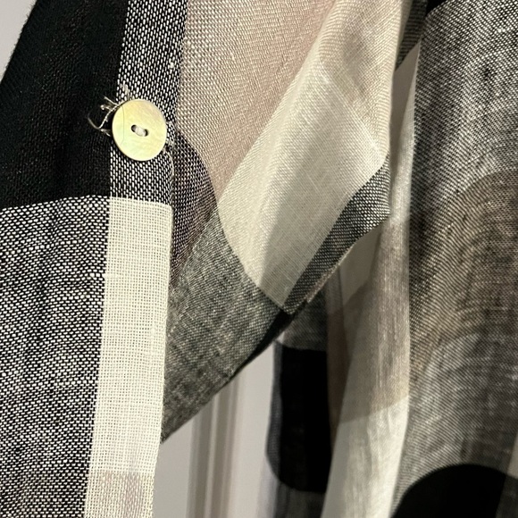 Match Point Shirt Dress 100% Linen Big Plaid Roll Tab Sleeves Black Beige Small - Picture 5 of 8